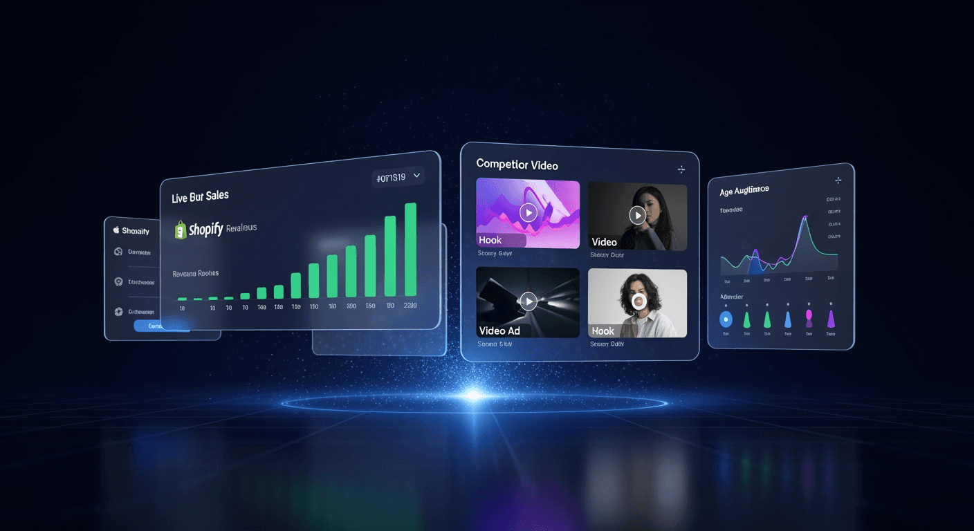 RivlWatch command center — live Shopify sales, competitor video ads and an audience breakdown side by side.